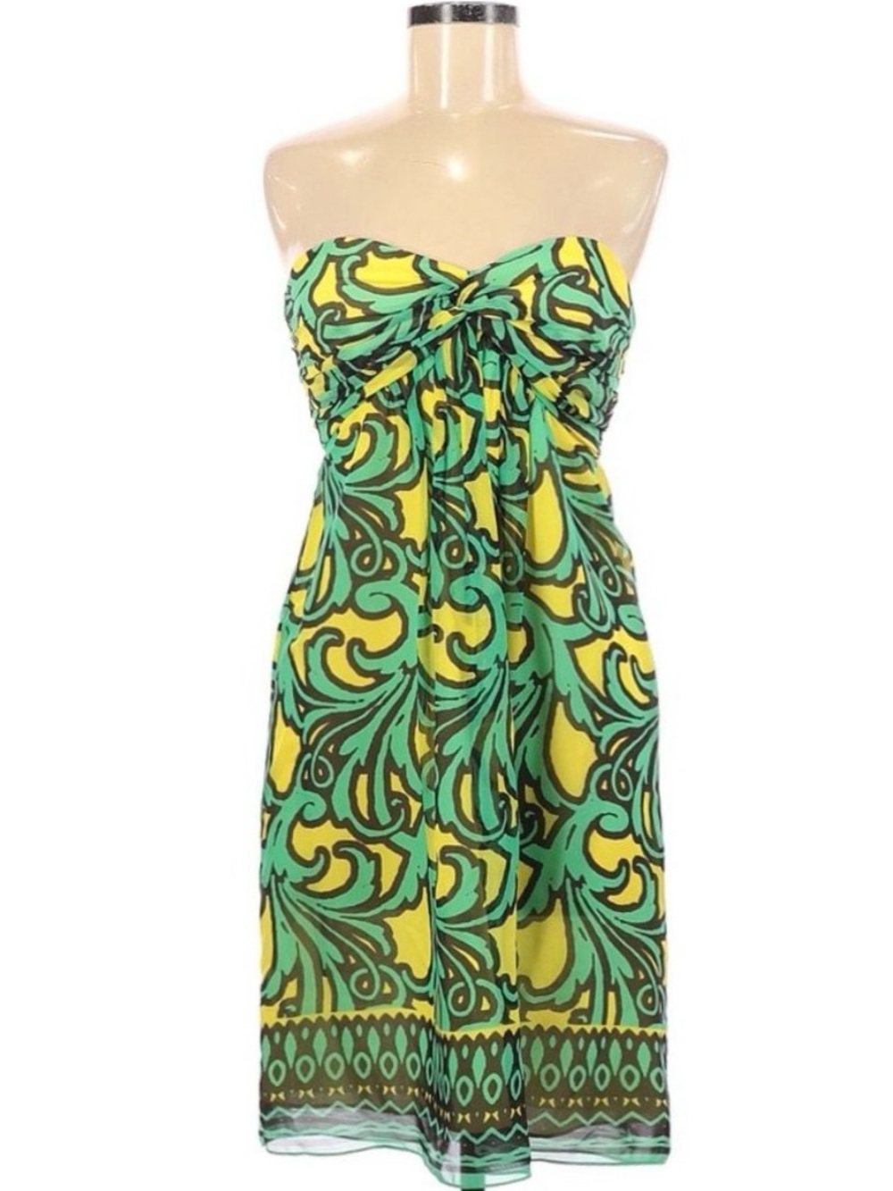 100% Silk Milly Strapless Sweetheart Dress Green Yellow Signature Summer Print 4